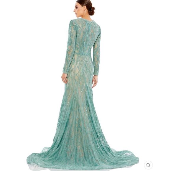 Mac Duggal 79291 Womens Green BEADED ILLUSION LONG SLEEVE PLUNGE NECK GOWN - Picture 5 of 16